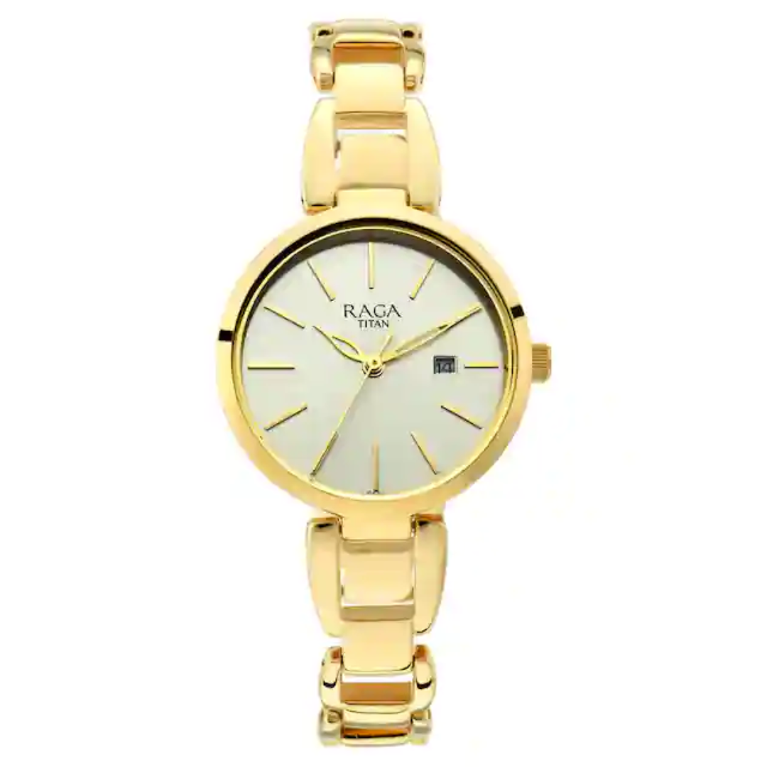 Titan Raga Viva Golden Dial Metal Strap Watch - 2642YM01