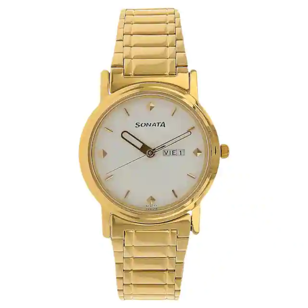 Sonata White Dial Golden Stainless Steel Strap Watch NP1141YM11 - KRISHNA WATCH COMPANY