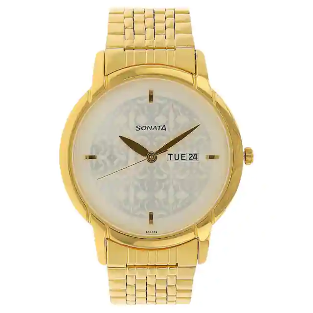 Sonata Silver Dial Golden Stainless Steel Strap Watch - 77031YM03 - KRISHNA WATCH COMPANY