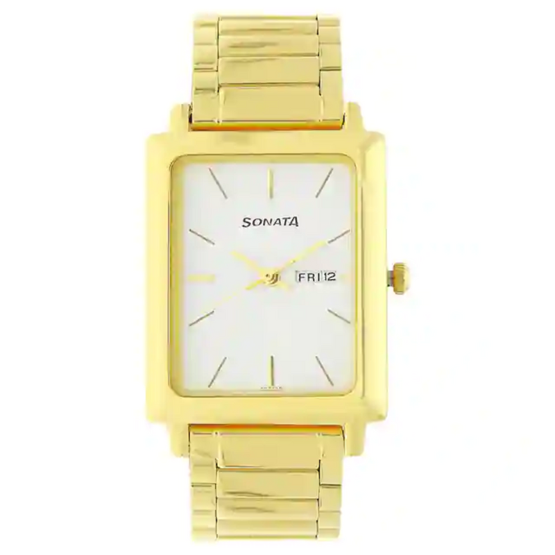 Sonata White Dial Golden Stainless Steel Strap Watch - 7078YM03