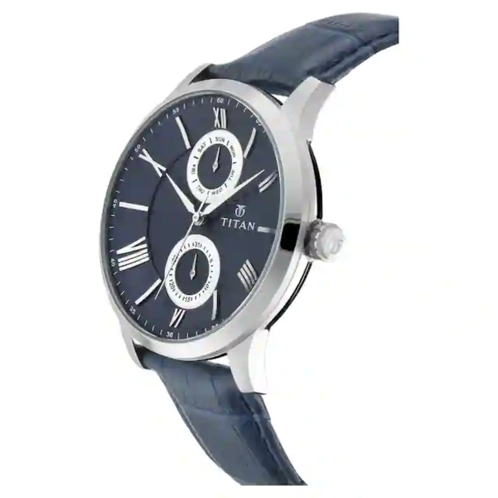 Titan On Trend Blue Dial Leather Strap Watch 90100SL02 (DJ771) - KRISHNA WATCH COMPANY