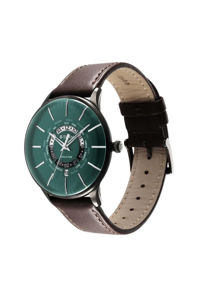 Titan World Time Green Dial Leather Strap Watch 90145QL01 - KRISHNA WATCH COMPANY