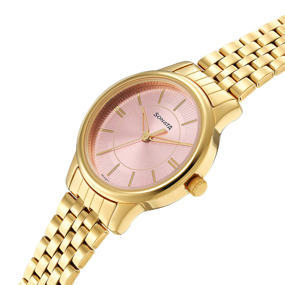 Sonata Classic Gold Pink Dial Metal Strap Watch NR8178YM02 - KRISHNA WATCH COMPANY