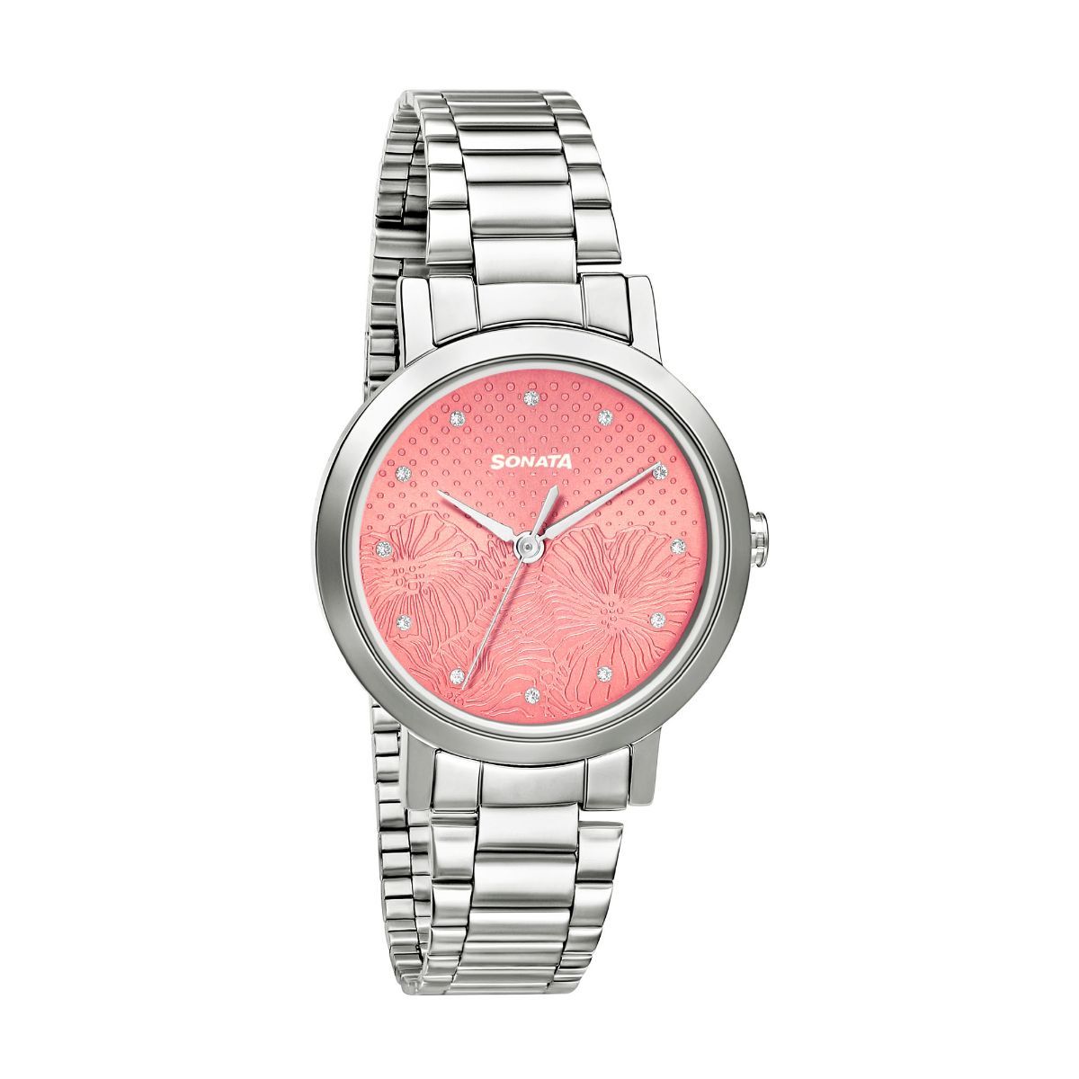 Sonata Linnea Pink Dial Silver Stainless Steel Strap Watch NR8174SM01 - KRISHNA WATCH COMPANY