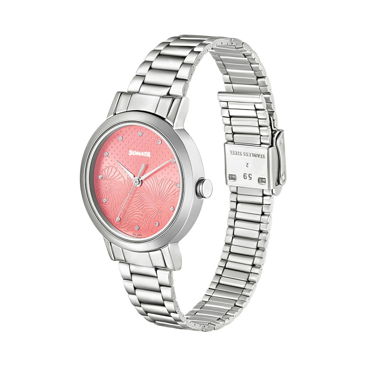 Sonata Linnea Pink Dial Silver Stainless Steel Strap Watch NR8174SM01 - KRISHNA WATCH COMPANY
