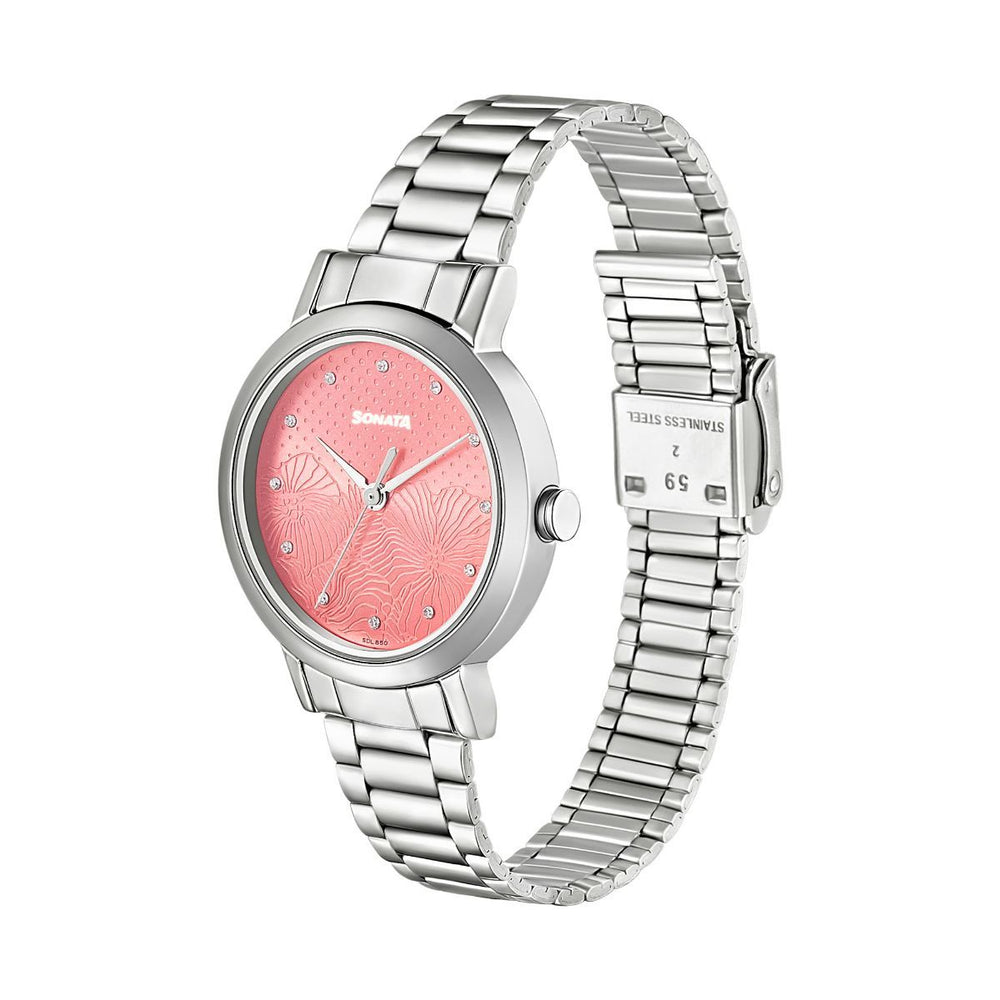 Sonata Linnea Pink Dial Silver Stainless Steel Strap Watch NR8174SM01 - KRISHNA WATCH COMPANY