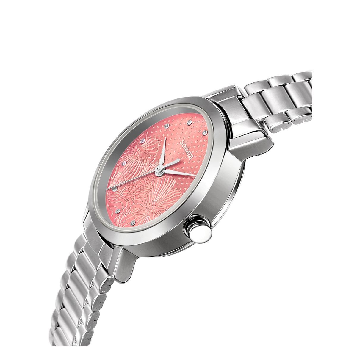 Sonata Linnea Pink Dial Silver Stainless Steel Strap Watch NR8174SM01 - KRISHNA WATCH COMPANY