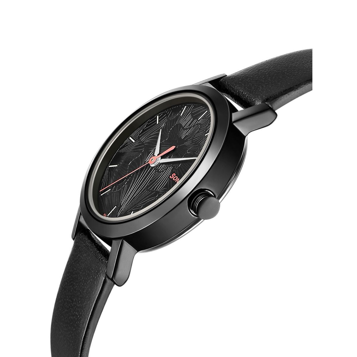 Sonata Linnea Black Dial Black Leather Strap Watch - 8174NL01 - KRISHNA WATCH COMPANY