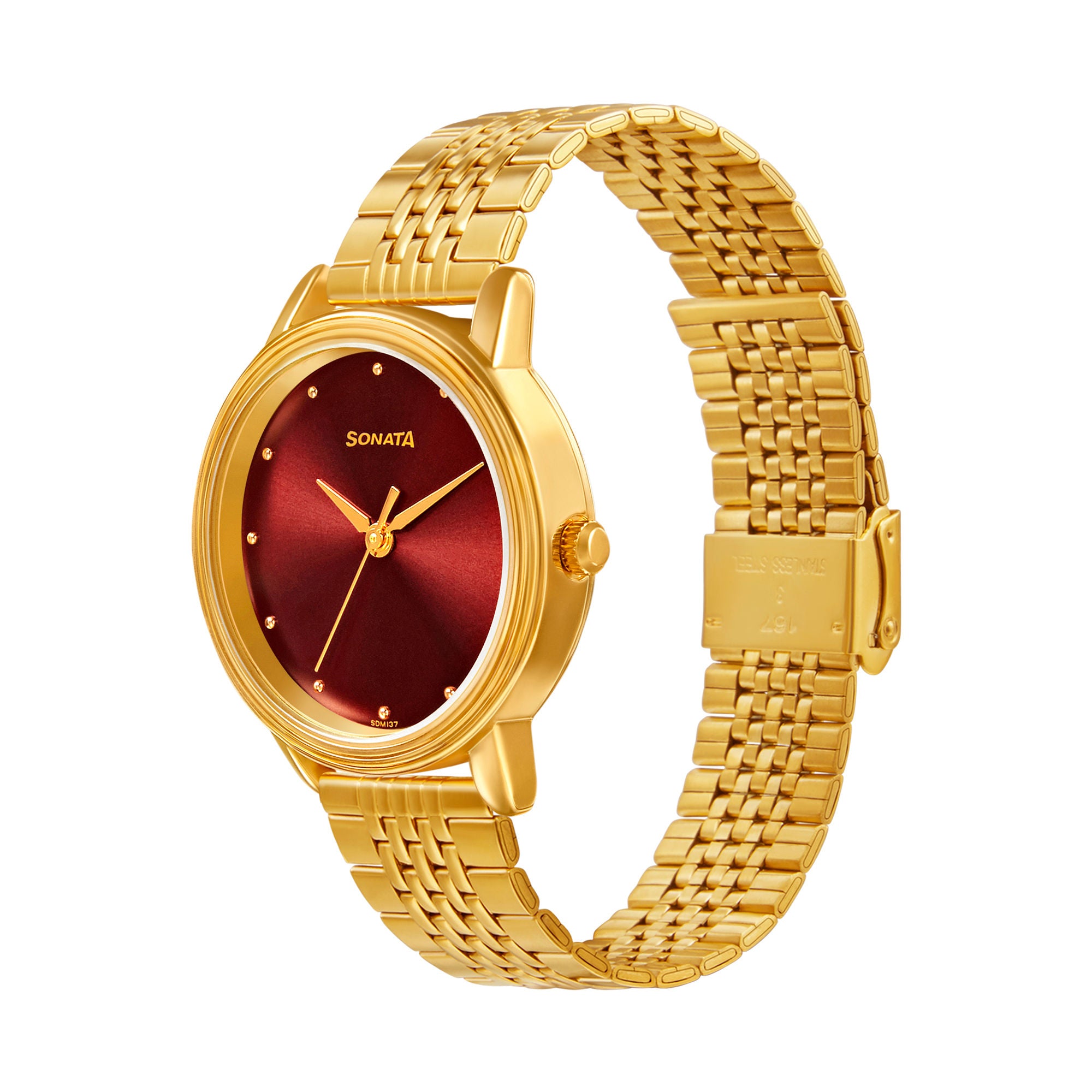 Sonata Gold Edit With Maroon Dial Stainless Steel Strap Watch - 8175YM03 - KRISHNA WATCH COMPANY