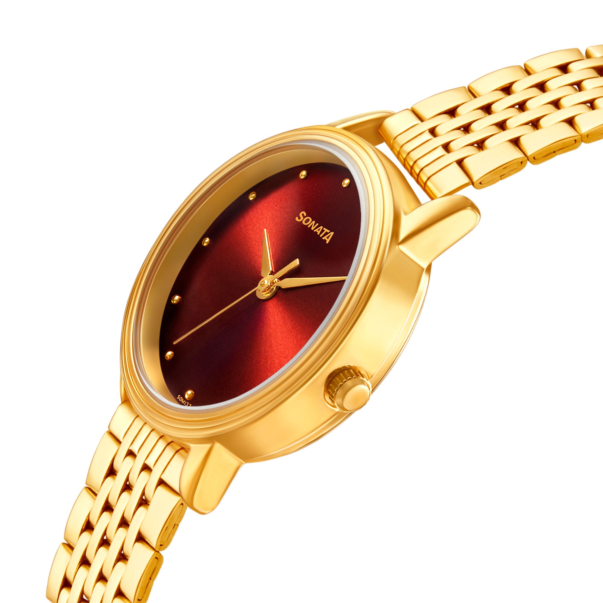 Sonata Gold Edit With Maroon Dial Stainless Steel Strap Watch - 8175YM03 - KRISHNA WATCH COMPANY
