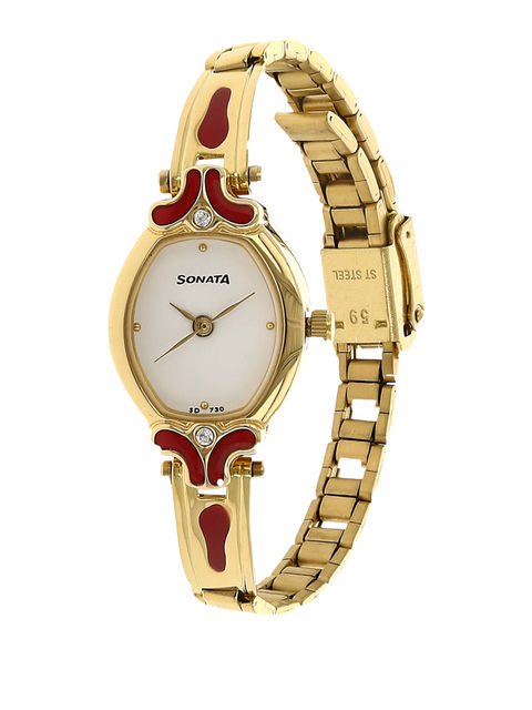 Sonata White Dial Golden Stainless Steel Strap Watch - 8068YM04 - KRISHNA WATCH COMPANY