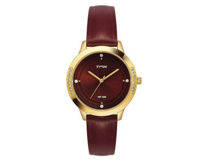 Crystal Studded Maroon Dial Leather Strap Watch TMTL10403T - KRISHNA WATCH COMPANY