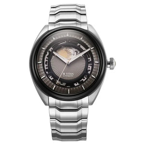 Titan Stellar Automatic Sun Moon Phase Grey Dial Stainless Steel Strap Watch For Men 10011km01 - KRISHNA WATCH COMPANY