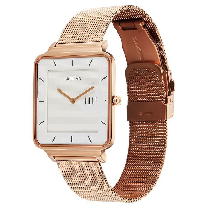 Titan Edge Quad Quartz Analog White Dial With Rose Gold Stainless Steel Strap Watch For Men 10017WM01