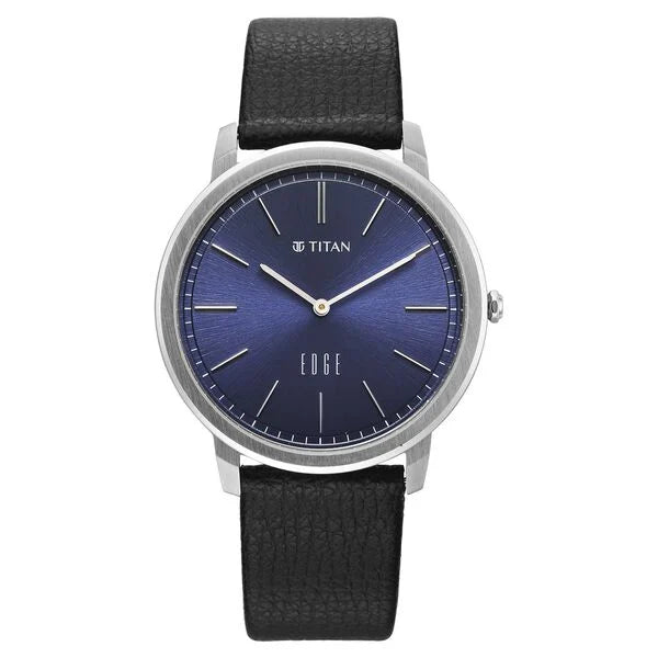 Titan Edge Meister Quartz Analog Blue Dial Black Leather Strap Watch For Men 10065sl02