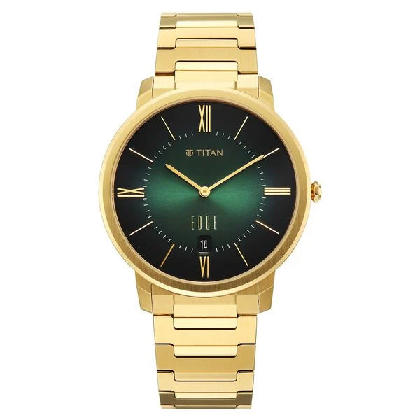Titan Edge Meister Quartz Analog with Date Green Dial Golden Stainless Steel Strap Watch For Men 10065ym01