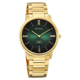 Titan Edge Meister Quartz Analog with Date Green Dial Golden Stainless Steel Strap Watch For Men 10065ym01