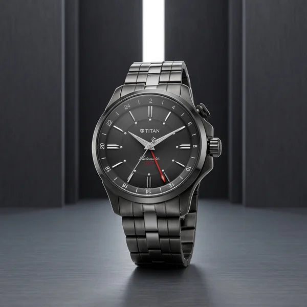 Titan Automatic Black Dial Grey Stainless Steel Strap Watch For Men 10076qm01