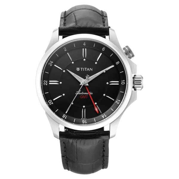 Titan Automatic Black Dial Black Leather Strap Watch For Men 10076sl02