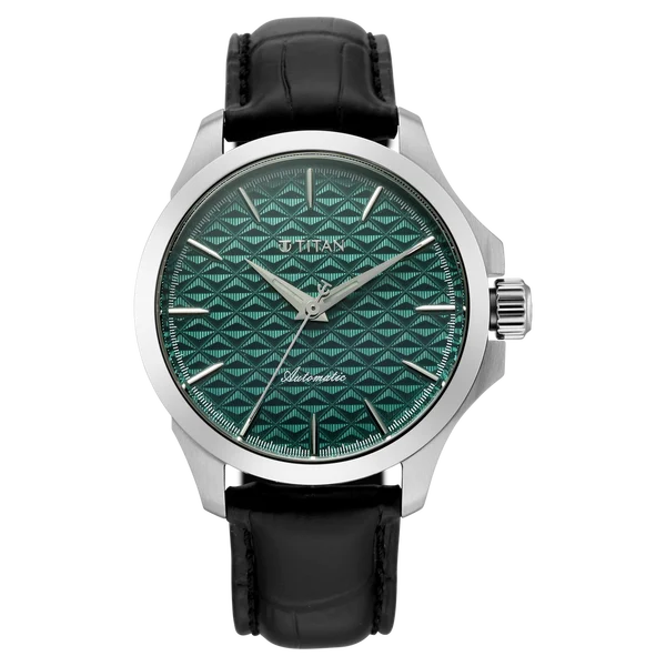 Titan Automatic Teal Dial Black Leather Strap Watch For Men 10077sl03