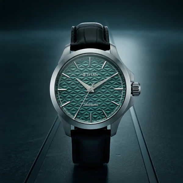 Titan Automatic Teal Dial Black Leather Strap Watch For Men 10077sl03