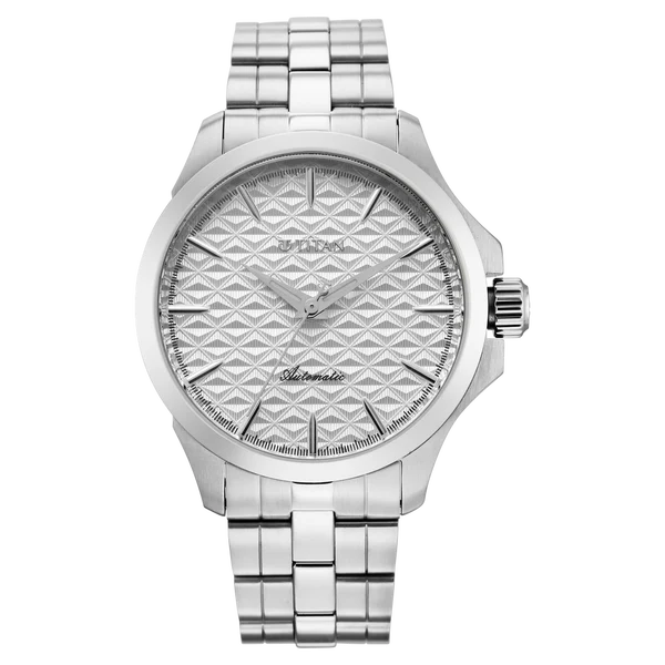 Titan Automatic White Dial Silver Stainless Steel Strap Watch For Men 10077sm02
