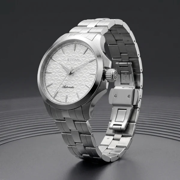 Titan Automatic White Dial Silver Stainless Steel Strap Watch For Men 10077sm02