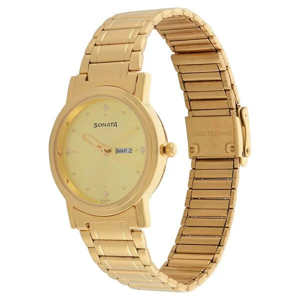 Sonata Champagne Dial Golden Metal Strap Watch - 1141YM13