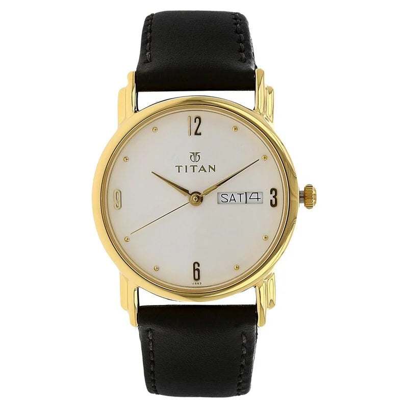 Titan White Dial Analog with Day and Date Leather Strap watch for Men / 1445YL04