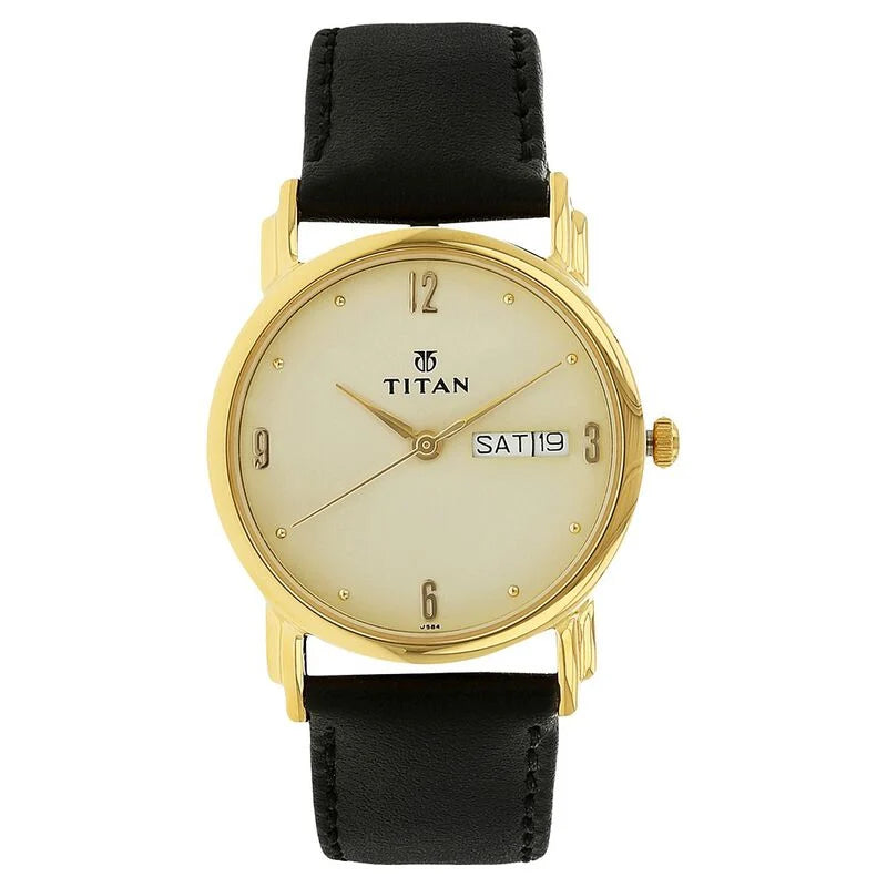 Titan Karishma Champagne Dial Analog with Day and Date Leather Strap watch for Men / 1445YL05