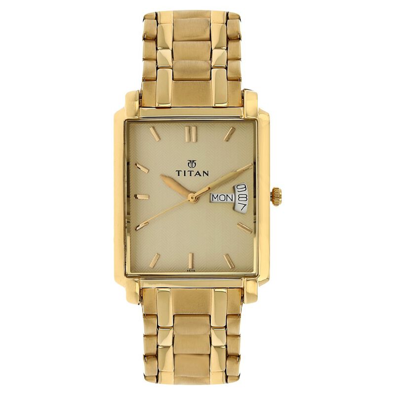 Titan Quartz Analog with Day and Date Champagne Dial Stainless Steel Strap watch for Men 1506YM02