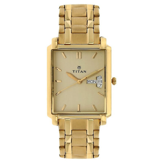 Titan Quartz Analog with Day and Date Champagne Dial Stainless Steel Strap watch for Men 1506YM02