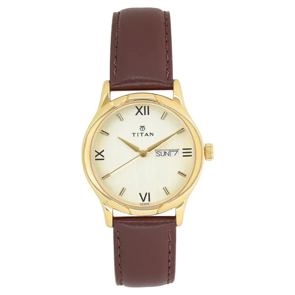 Titan Champagne Dial Brown Leather Strap Watch 1580YL05