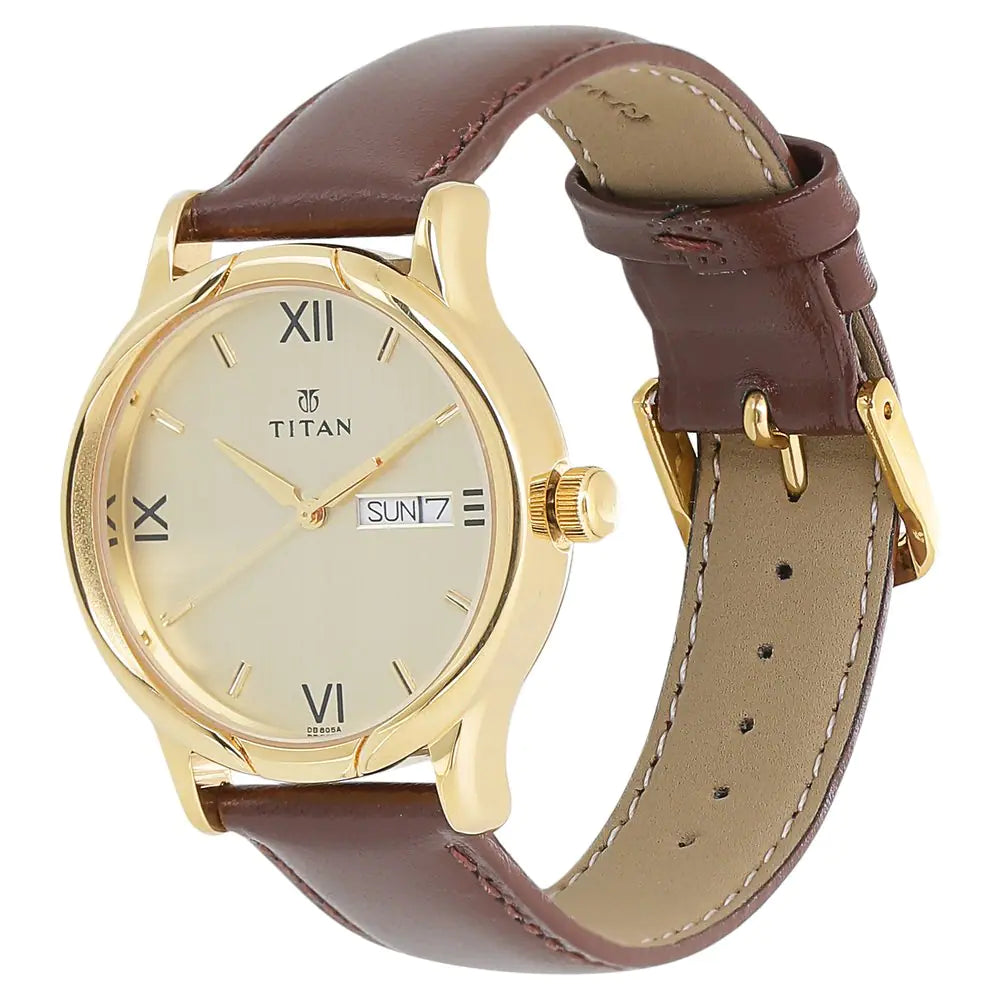 Titan Champagne Dial Brown Leather Strap Watch 1580YL05