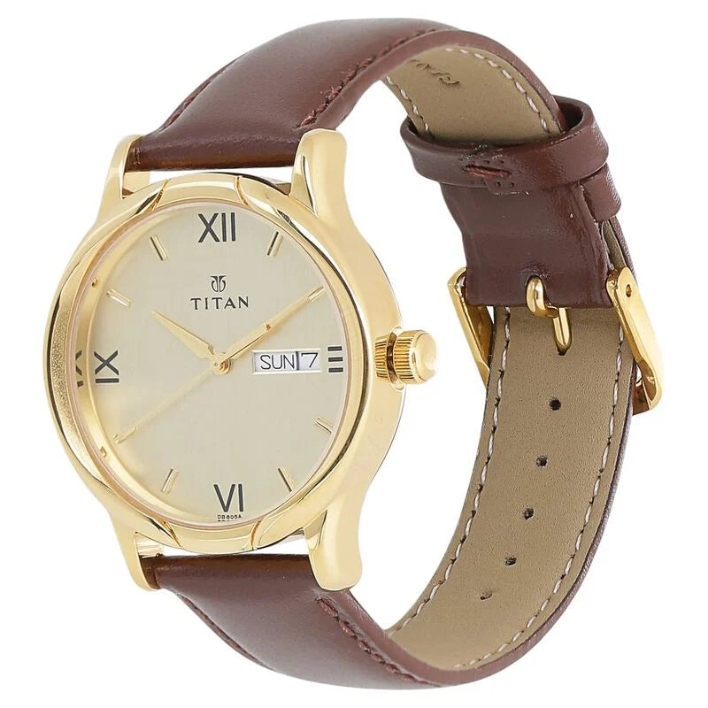 Titan Champagne Dial Analog with Day and Date Leather Strap watch for Men 1580YL05