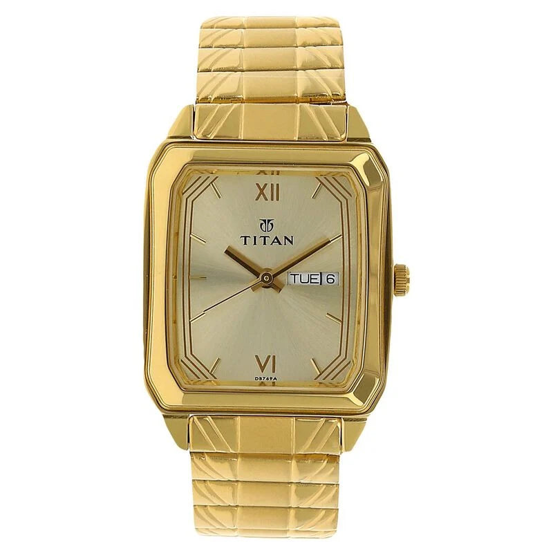 Titan Quartz Analog with Day and Date Champagne Dial Stainless Steel Strap Watch for Men  1581YM05