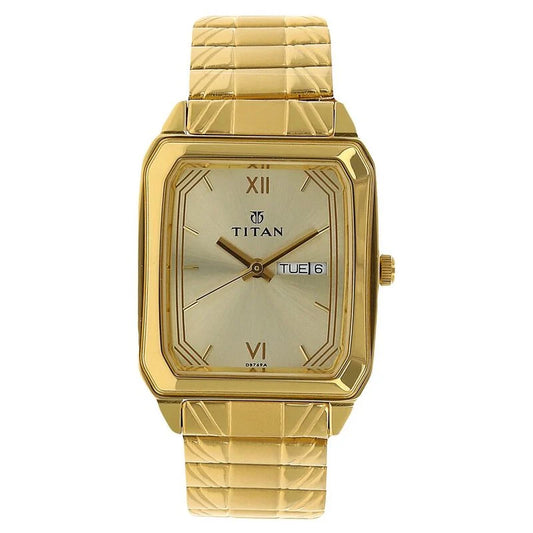 Titan Quartz Analog with Day and Date Champagne Dial Stainless Steel Strap Watch for Men  1581YM05