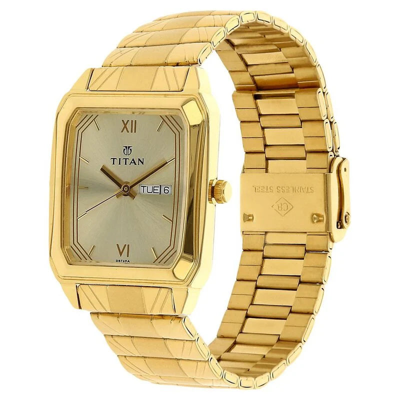 Titan Quartz Analog with Day and Date Champagne Dial Stainless Steel Strap Watch for Men  1581YM05