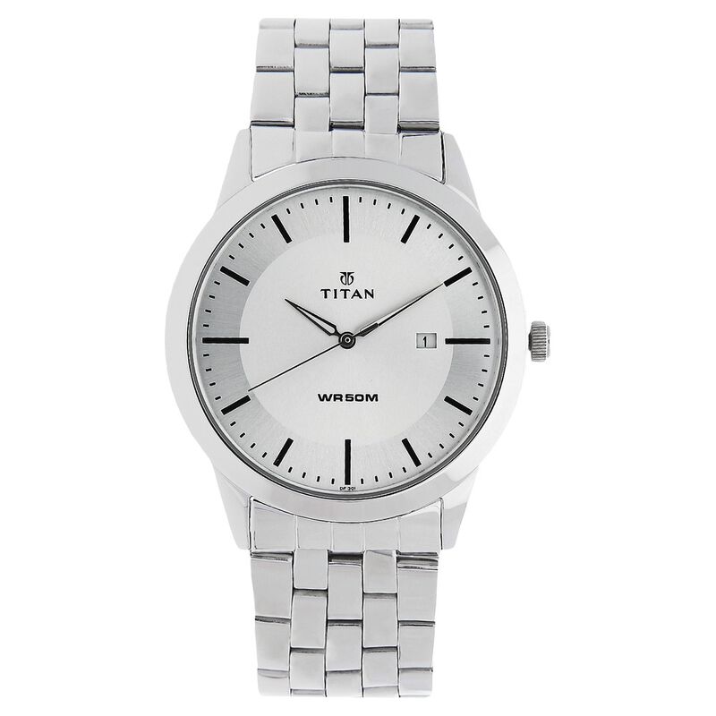 Titan Quartz Analog with Date White Dial Stainless Steel Strap Watch for Men 1584SM03
