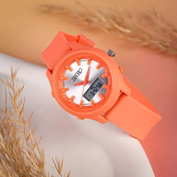 Zoop Ana-Digi Watch with Silver Dial & Orange Strap for Girls Kids, from House of Titan 16046pp01