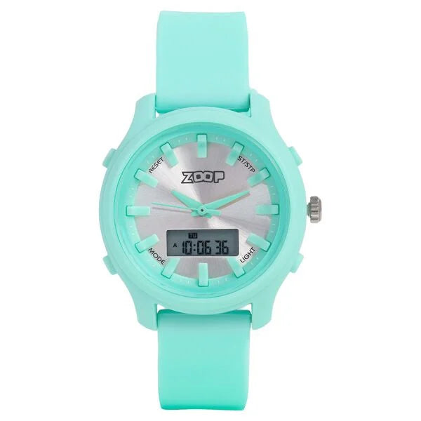 Zoop Ana-Digi Watch with Silver Dial & Green Strap for Girls Kids, from House of Titan 16046pp03
