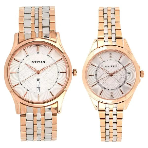 Titan Quartz Analog with Day and Date Silver Dial Stainless Steel Strap Watch for Couple  16362565km01p