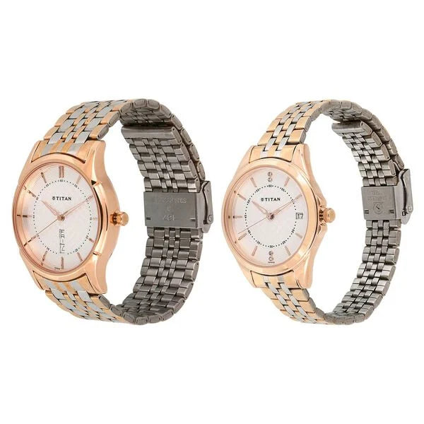 Titan Quartz Analog with Day and Date Silver Dial Stainless Steel Strap Watch for Couple  16362565km01p
