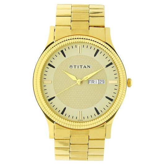 Titan Quartz Analog with Day and Date Golden Dial Stainless Steel Strap Watch for Men NT1650YM04