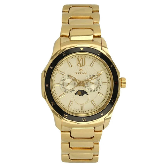 Titan Quartz Multifunction Champagne Dial Stainless Steel Strap watch for Men  1688KM01