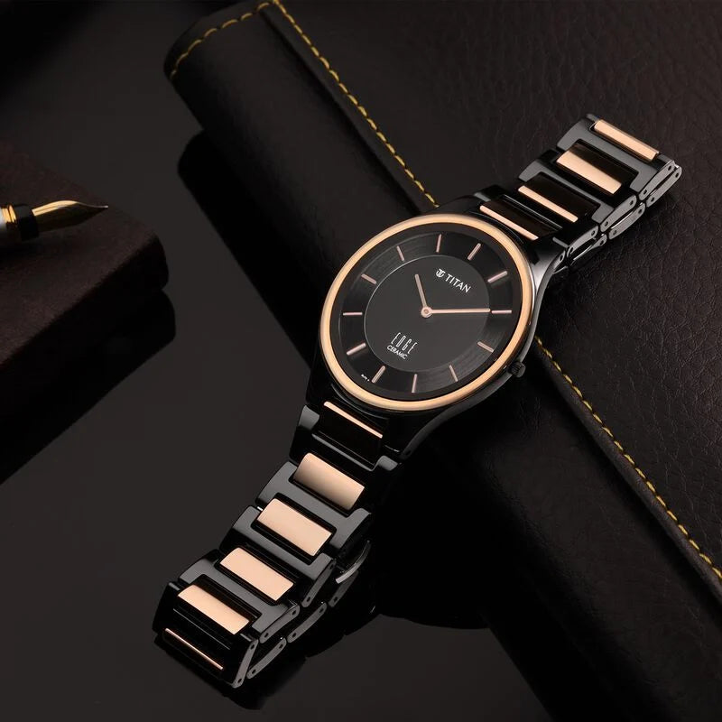 Titan Edge Ceramic Quartz in Midnight Gold with Black Dial Watch for Men 1696KC01