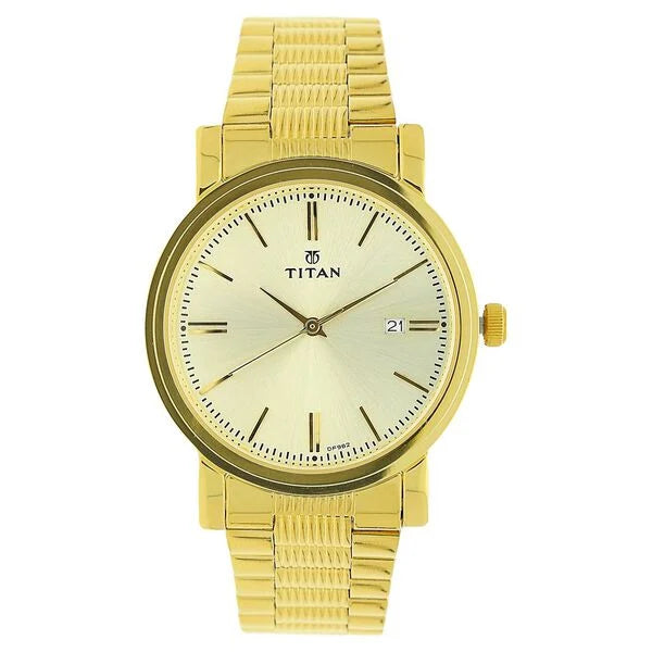 Titan Quartz Analog with Date Champagne Dial Golden Stainless Steel Strap Watch For Men 1712ym03
