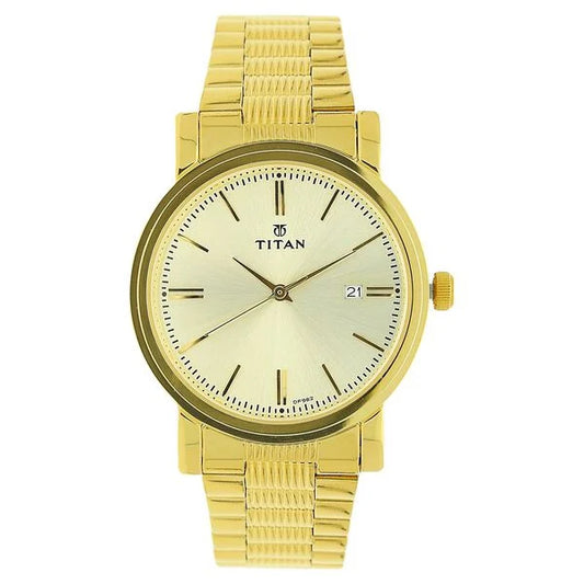 Titan Quartz Analog with Date Champagne Dial Golden Stainless Steel Strap Watch For Men 1712ym03