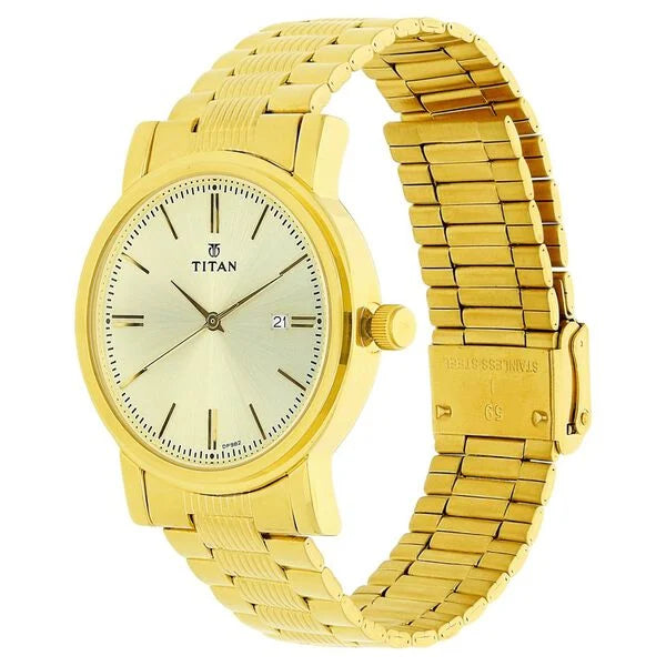 Titan Quartz Analog with Date Champagne Dial Golden Stainless Steel Strap Watch For Men 1712ym03
