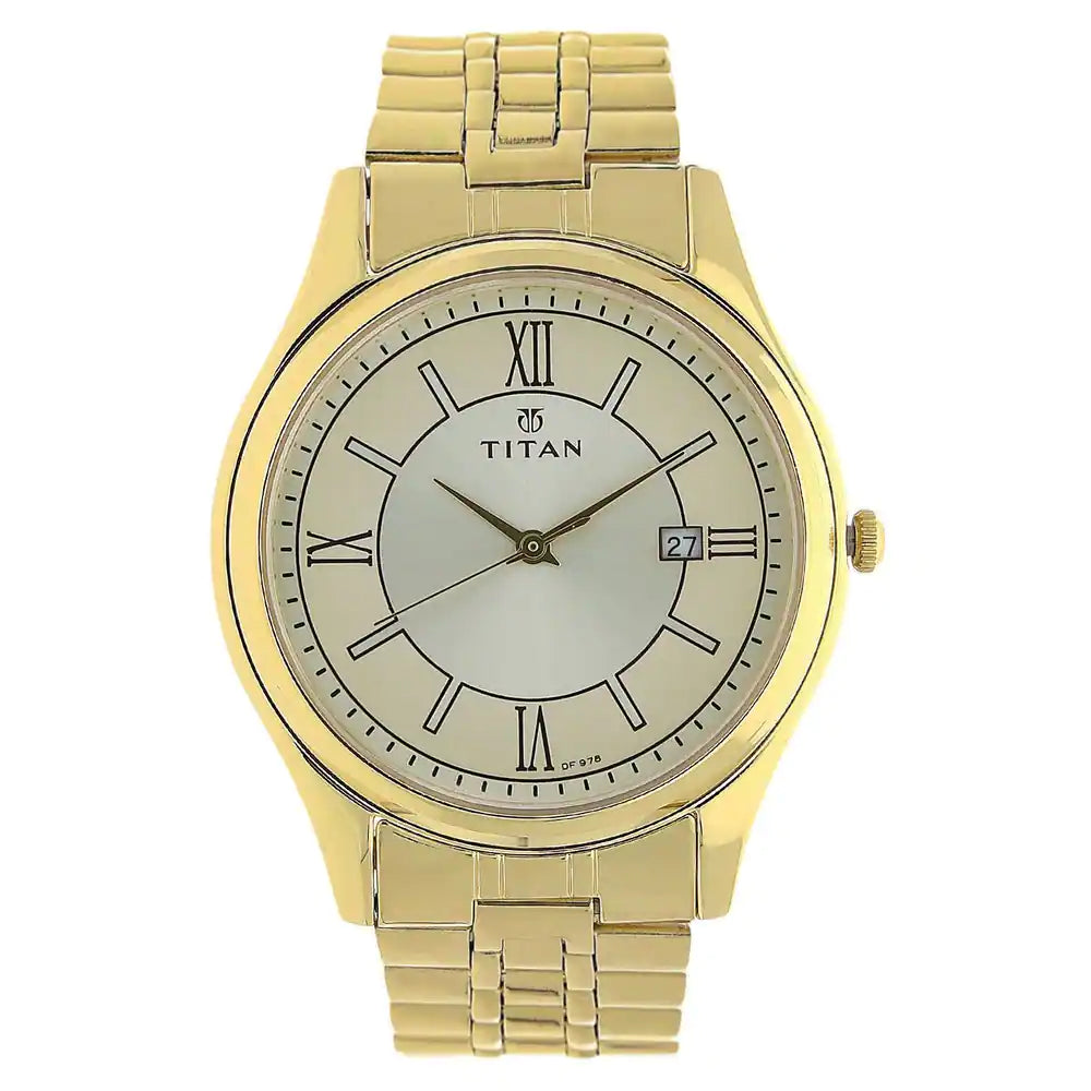 Titan Champagne Dial Golden Stainless Steel Strap Watch - 1713YM03